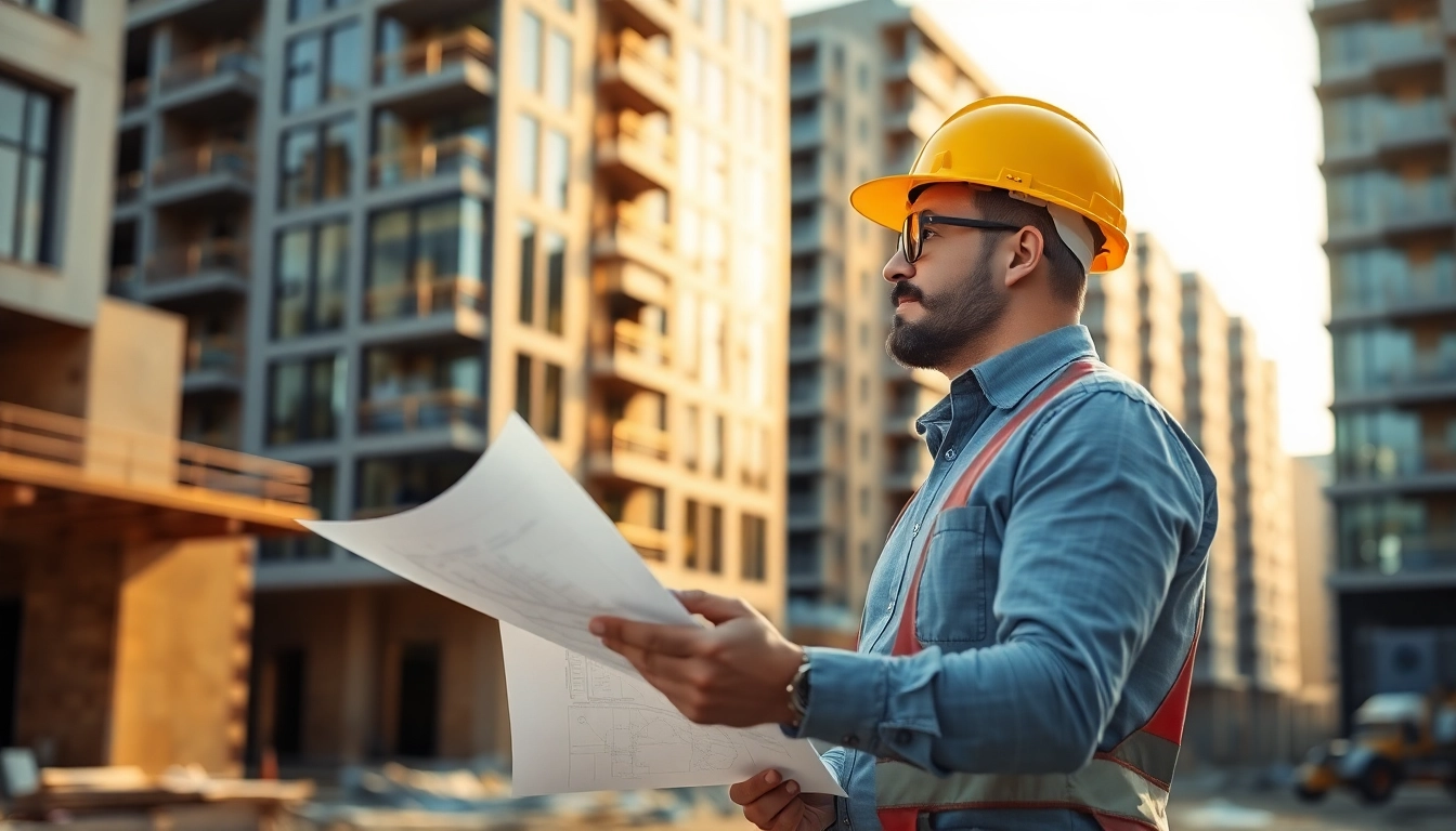 Experienced contractor assessing construction progress with blueprints on-site, showcasing expertise and project oversight.