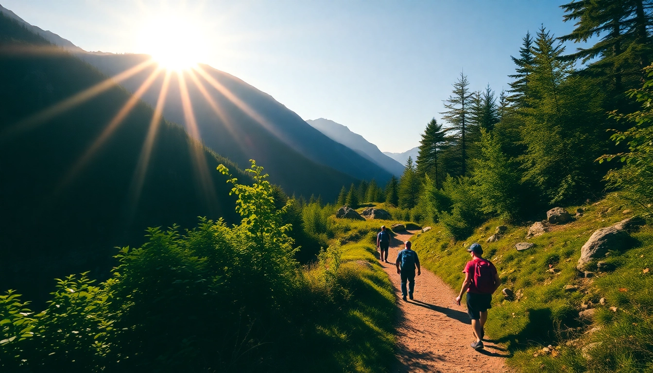 A scenic hiking trail in lush forests, showcasing outdoor adventure with hikers on a countryside hike.