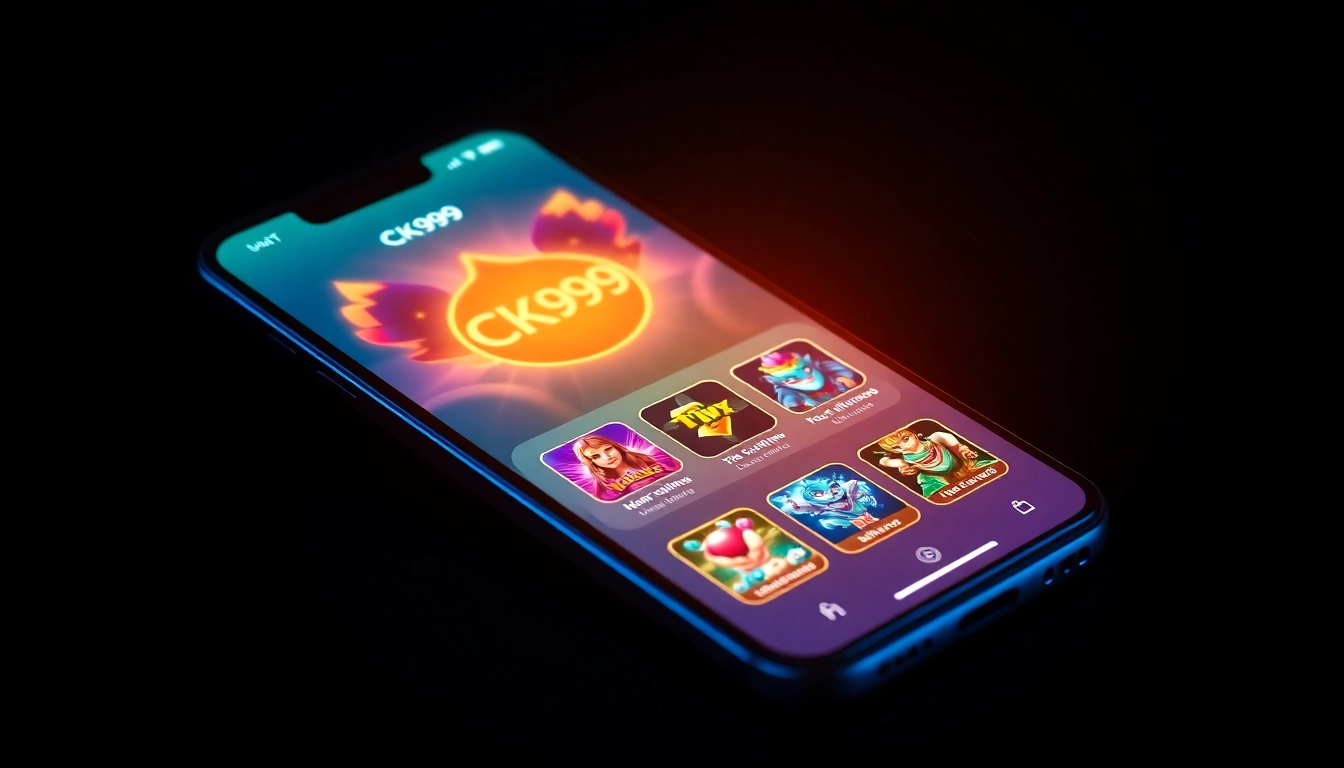 CK999 app gaming interface displayed on a smartphone screen showing slots and live casino games in a sleek, modern design for enhanced user engagement.