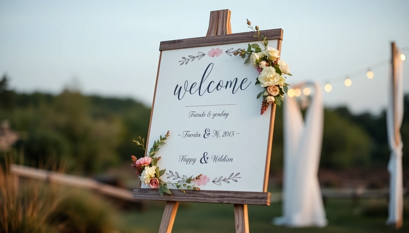 Beautiful wedding welcome sign with personalized calligraphy and floral details, perfect for outdoor wedding decor.