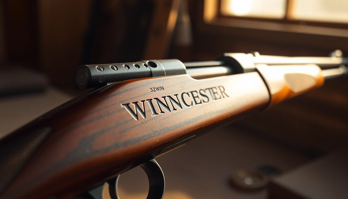 An elegant Winchester rifle showcasing 32WIN caliber, highlighting vintage craftsmanship and detailing, perfect for firearm enthusiasts and collectors.