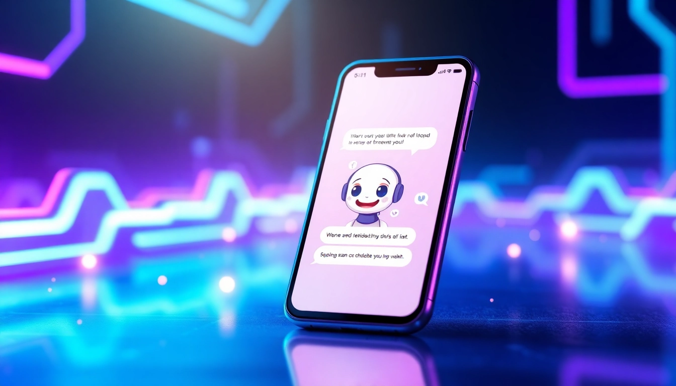 Futuristic mobile device showcasing a lively AI chat conversation with a friendly virtual character, set in a neon-lit cyber environment.
