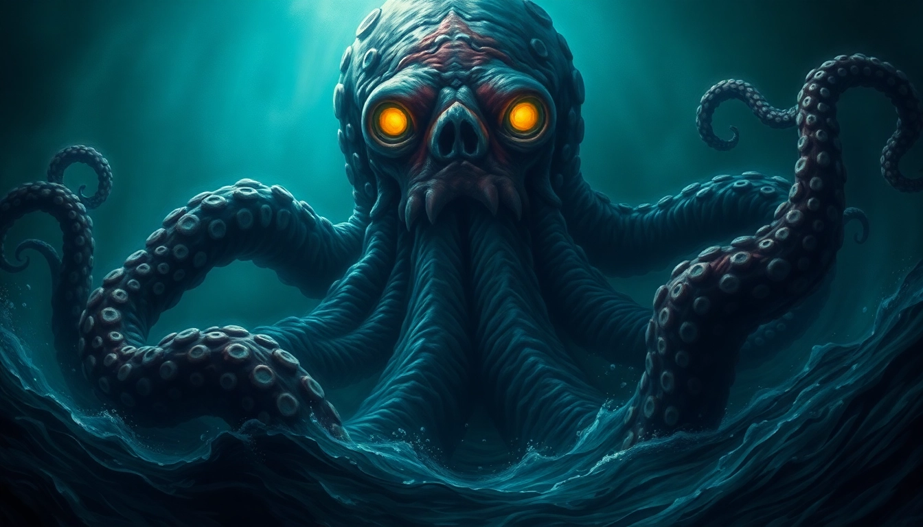 Kraken depicted as a massive ancient sea creature with glowing eyes emerging from depths