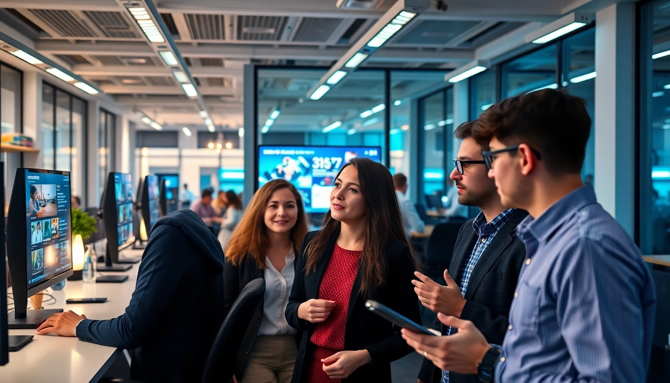 Team reviewing latest technology startup news on digital screens in a modern workspace for tech